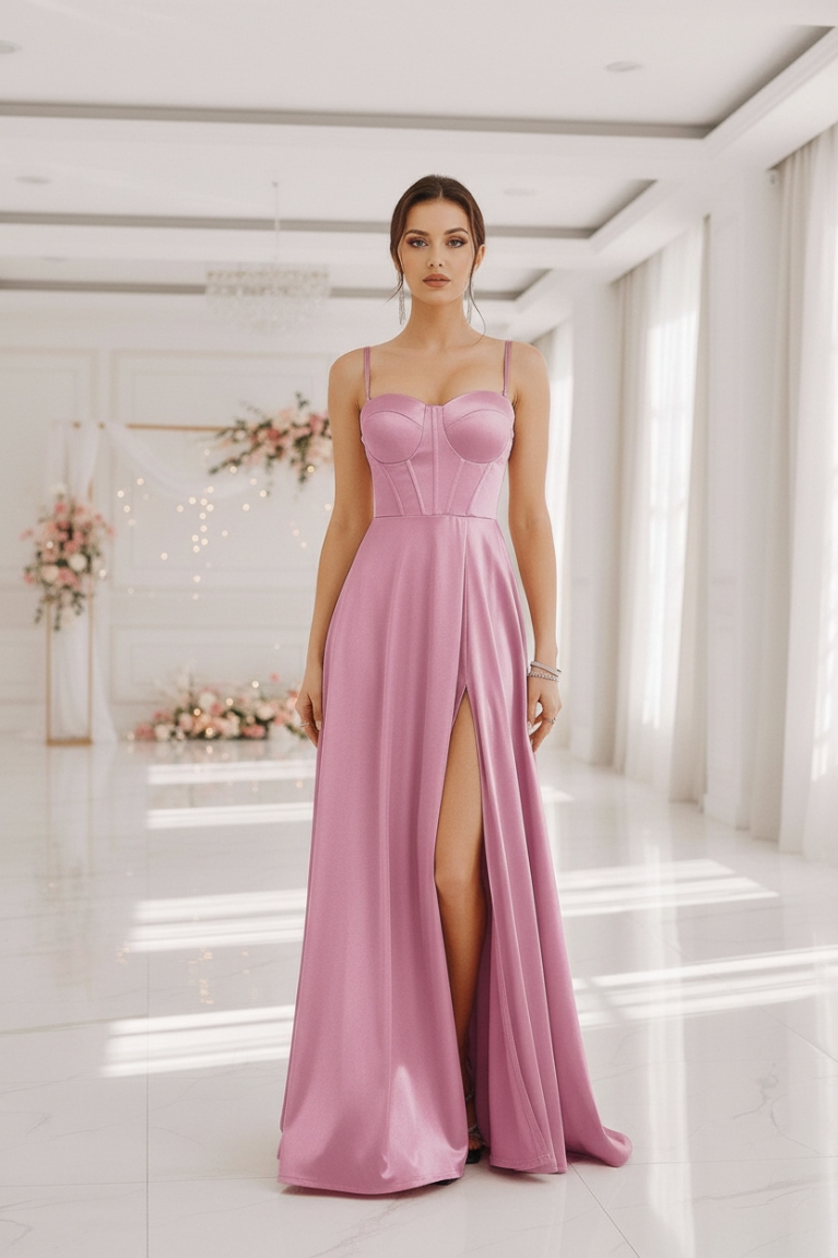 Mάξι Φόρεμα με Κορσέ Μπούστο & Σκίσιμο - Ροζ