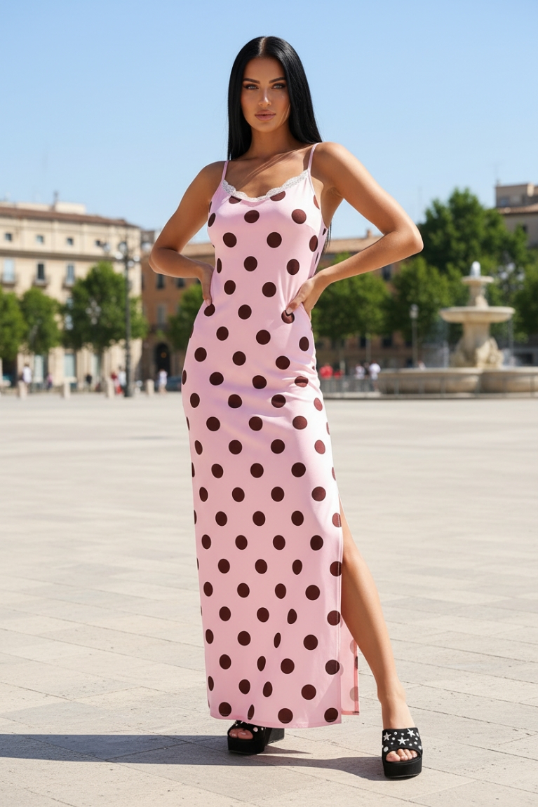 Maxi Φόρεμα Τιραντέ Πουά - Ροζ