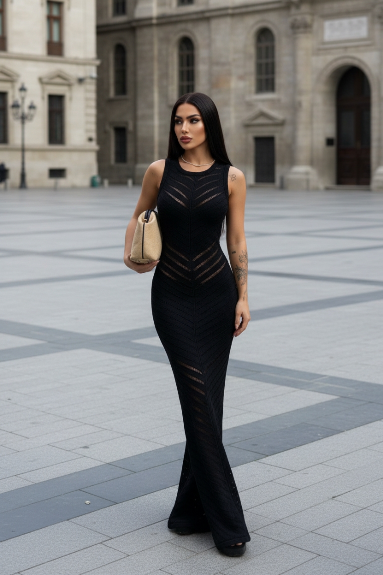 Πλεκτό Μaxi Φόρεμα με Διαγώνιες Ρίγες & Διάτρητες Λεπτομέρειες - Μαύρο