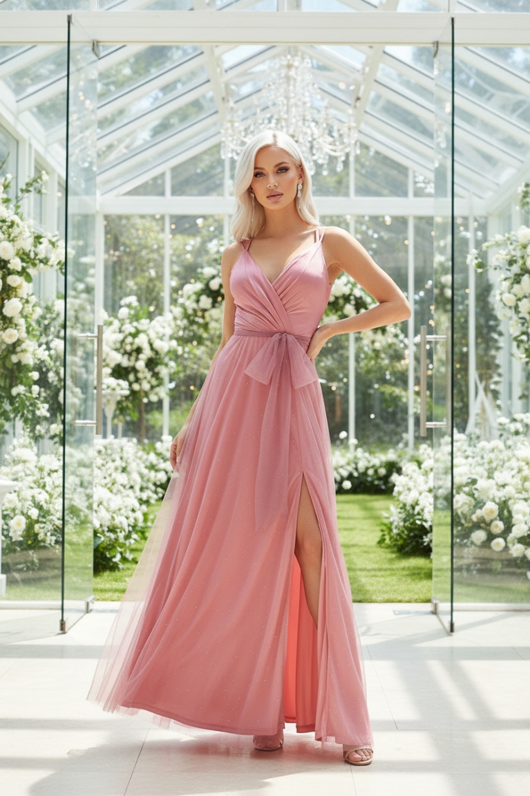 Φόρεμα Maxi Τούλινο Κρουαζέ - Ροζ