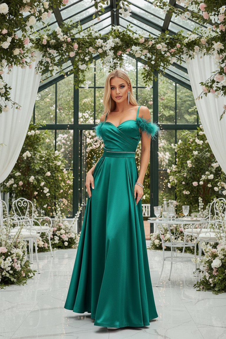 Σατέν Φόρεμα Off-Shoulder με Διακόσμηση Marabou - Πράσινο