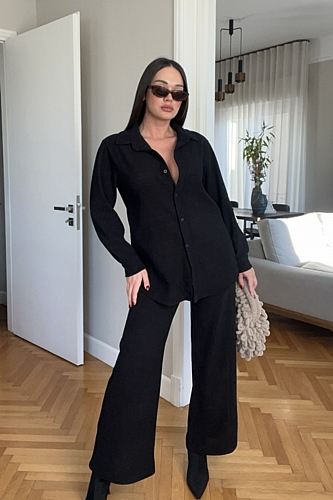 Σετ Oversized Παντελόνι Με Πουκάμισο Κοτλέ - Μαύρο