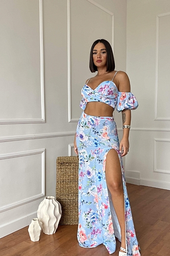 Σετ Floral Crop Top Έξωμο & Φούστα Μακρυά Με Σκίσιμο - Γαλάζιο