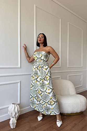 Φόρεμα Strapless Εμπριμέ Μακρύ - Χακί