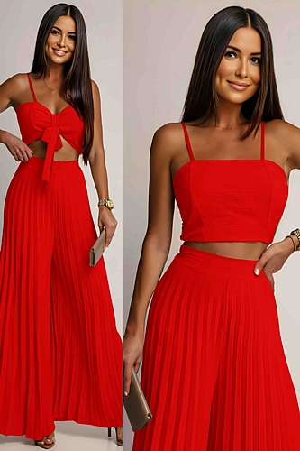 Σετ Crop Top Τιράντα Με Δέσιμο & Παντελόνα - Κόκκινο