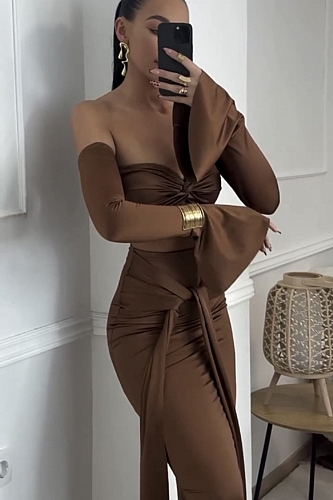 Σετ Crop top με μακριά φούστα με δέσιμο - Καφέ
