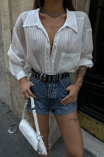 Πουκάμισο Oversize Με Ρίγες - Λευκό