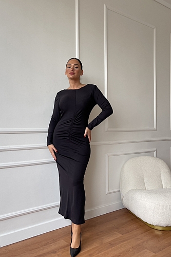 Φόρεμα Μακρυμάνικο Με Δέσιμο Στην Πλάτη - Μαύρο