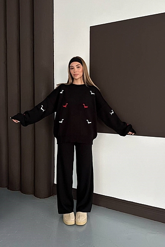 Σετ Πλεκτή Μπλούζα Oversize Με Σχέδια & Παντελόνα - Μαύρο