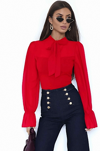 Μπλούζα Μακρυμάνικη Με Διαφάνεια & Δέσιμο Στον Λαιμό - Κόκκινο