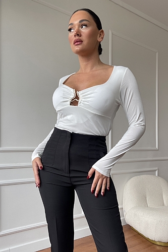 Μακρυμάνικη Μπλούζα Με Χρυσή Λεπτομέρεια & Ενίσχυση - Λευκό