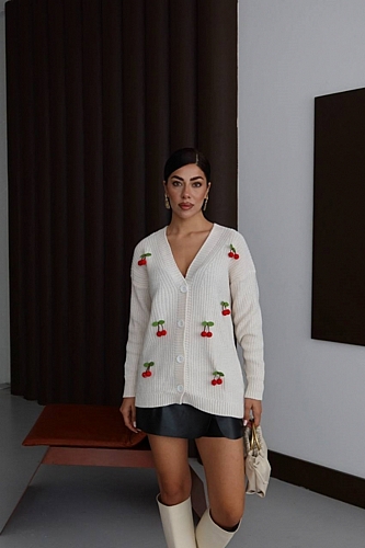 Ζακέτα Πλεκτή Με Κεράσια - Λευκό