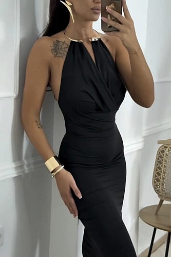 Φόρεμα Αμάνικο Μακρύ Εξώπλατο Με Χρυσή Λεπτομέρεια - Μαύρο