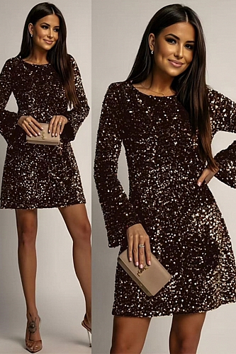 Φόρεμα Μακρυμάνικο Παγιέτα - Καφέ