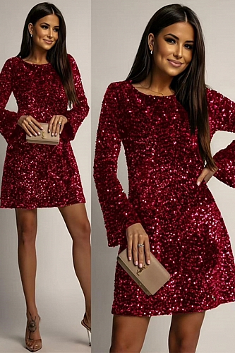 Φόρεμα Μακρυμάνικο Παγιέτα - Μπορντό