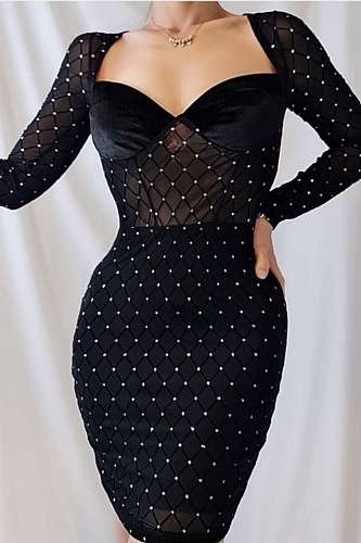 Φόρεμα Mini Με Strass Διαφάνεια & Ενίσχυση - Μαύρο