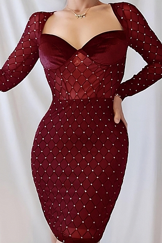 Φόρεμα Mini Με Strass Διαφάνεια & Ενίσχυση - Μπορντό