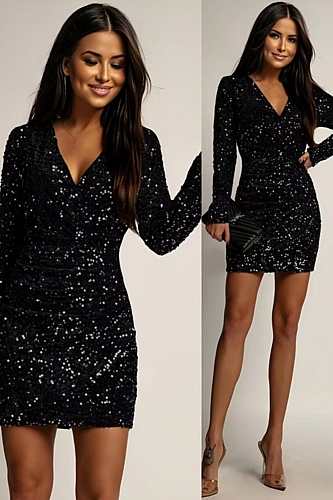 Φόρεμα Mini Κρουαζέ Παγέτα - Μαύρο