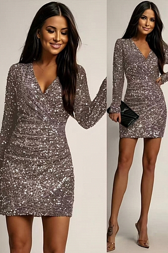 Φόρεμα Mini Κρουαζέ Παγέτα - Μπεζ