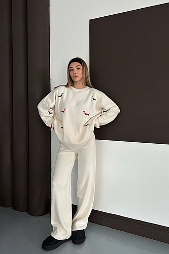 Σετ Πλεκτή Μπλούζα Oversize Με Σχέδια & Παντελόνα - Εκρού