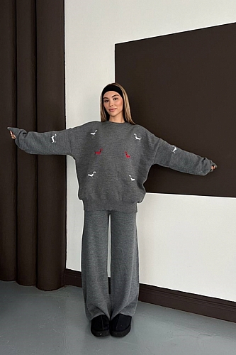 Σετ Πλεκτή Μπλούζα Oversize Με Σχέδια & Παντελόνα - Γκρι