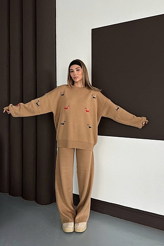 Σετ Πλεκτή Μπλούζα Oversize Με Σχέδια & Παντελόνα - Κάμελ
