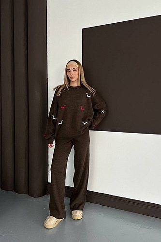 Σετ Πλεκτή Μπλούζα Oversize Με Σχέδια & Παντελόνα - Καφέ