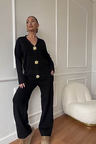 Σετ Πλεκτή Ζακέτα Με Κουμπιά & Παντελόνι - Μαύρο