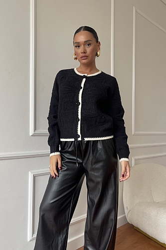 Ζακέτα Πλεκτή Με Κουμπιά & Διχρωμία - Μαύρο