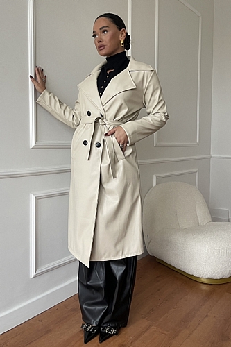 Δερμάτινη Καμπαρντίνα Με Ζώνη & Κουμπιά - Μπεζ