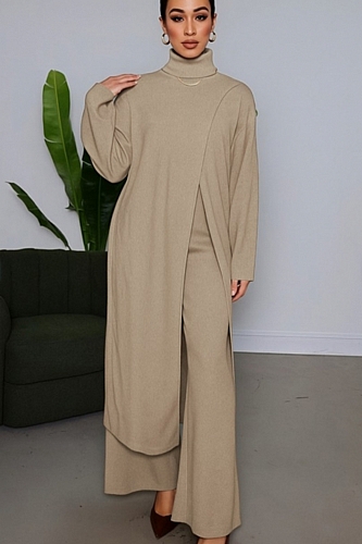 Σετ Πλεκτή Μπλούζα Ζιβάγκο Ασύμμετρη & Παντελόνα - Μπεζ