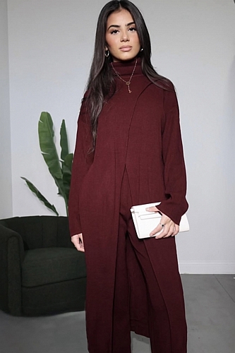 Σετ Πλεκτή Μπλούζα Ζιβάγκο Ασύμμετρη & Παντελόνα - Μπορντό
