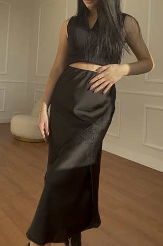 Φούστα Σατέν Με Δαντέλα - Μαύρο