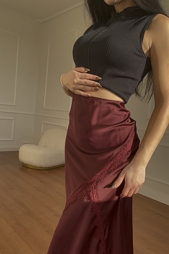 Φούστα Σατέν Με Δαντέλα - Μπορντό‎