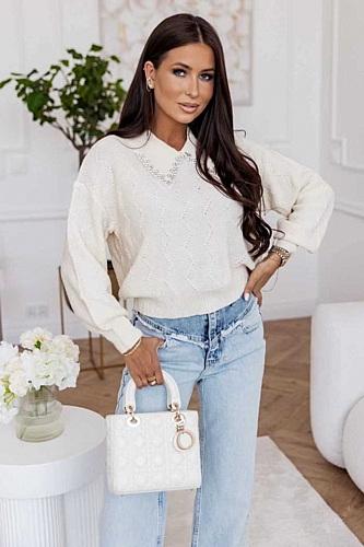 Μπλούζα Πλεκτή Crop Με Γιακά & Λεπτομέρειες - Λευκό