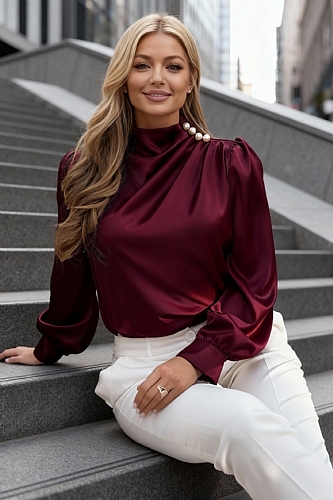 Μπλούζα Μακρυμάνικη Σατέν Με Λεπτομέρειες - Μπορντό