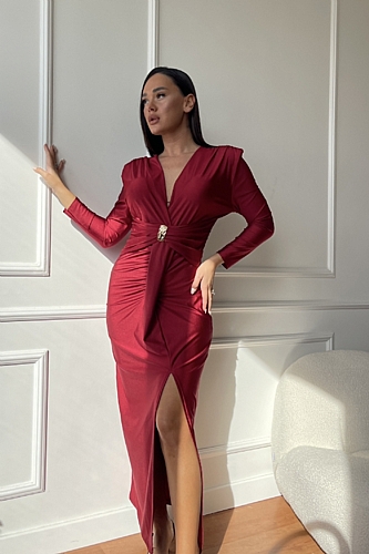 Φόρεμα Μακρυμάνικο Κρουαζέ Με Άνοιγμα & Χρυσή Λεπτομέρεια - Μπορντό