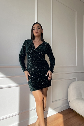 Φόρεμα Mini Κρουαζέ Παγέτα - Κυπαρισσί