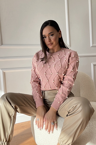 Μπλούζα Πλεκτή Crop Με Πέρλες - Ροζ