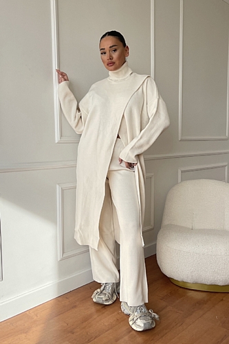 Σετ Πλεκτή Μπλούζα Ζιβάγκο Ασύμμετρη & Παντελόνα - Εκρού