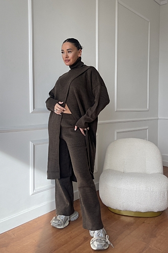 Σετ Πλεκτή Μπλούζα Ζιβάγκο Ασύμμετρη & Παντελόνα - Καφέ