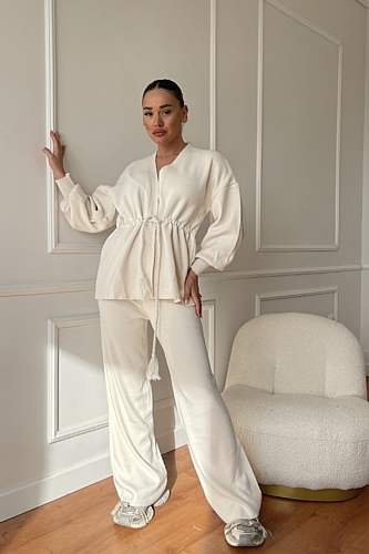 Σετ Πλεκτή Μπλούζα Με Δέσιμο & Παντελόνα - Εκρού