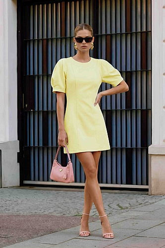 Mini Φόρεμα με Φουσκωτά Μανίκια - Κίτρινο