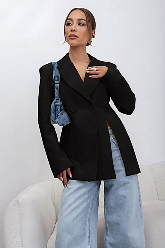 Σταυρωτό Σακάκι Blazer με σκίσιμο - Μαύρο