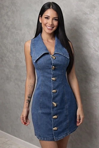 Denim Αμάνικο Φόρεμα με Γιακά - Τζιν