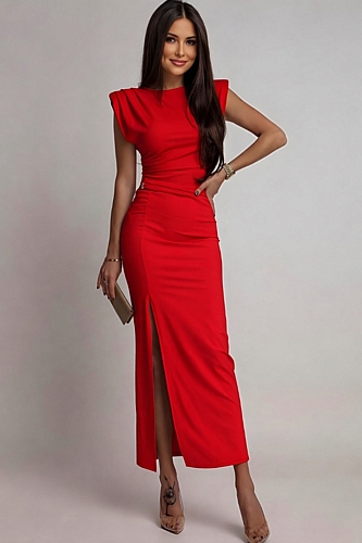 Μidi Φόρεμα με Σκίσιμο με Βάτες - Κόκκινο