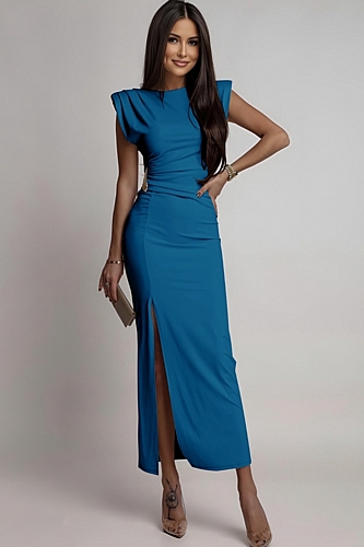 Μidi Φόρεμα με Σκίσιμο με Βάτες - Πετρόλ