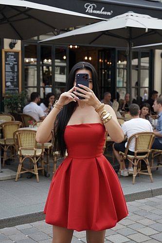 Μίνι στράπλες κοντό φόρεμα κορσέ με βολάν - Κόκκινο