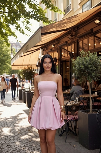 Μίνι στράπλες κοντό φόρεμα κορσέ με βολάν - Ροζ