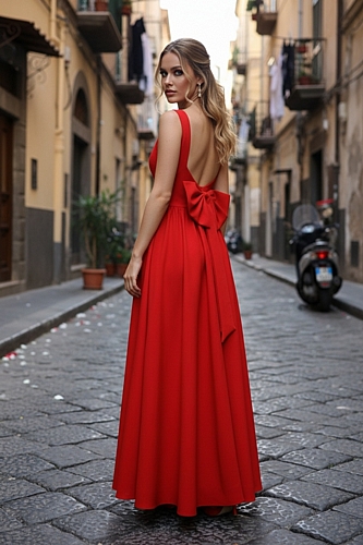 Maxi Φόρεμα με Φιόγκο πίσω - Κόκκινο